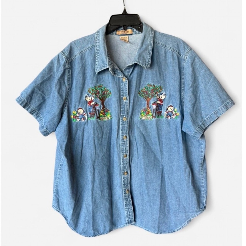 Just My Size Denim Shirt‎ Blue Embroidered Teddy Bear Short Sleeve Plus 18W